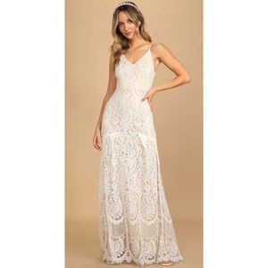Lulus Flynn White Lace V Neck Maxi Mermaid Dress Gown Size Small